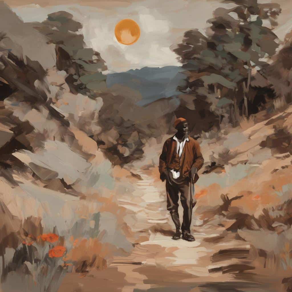 Σωστή καλλιτεχνική απεικόνιση άνδρα περπατώντας σε ορεινό μονοπάτι με ηλιοβασίλεμα, ζωγραφική με έμφαση στην αίσθηση της εμπειρίας και την τέχνη ως ερμηνεία της φύσης και της ζωής.