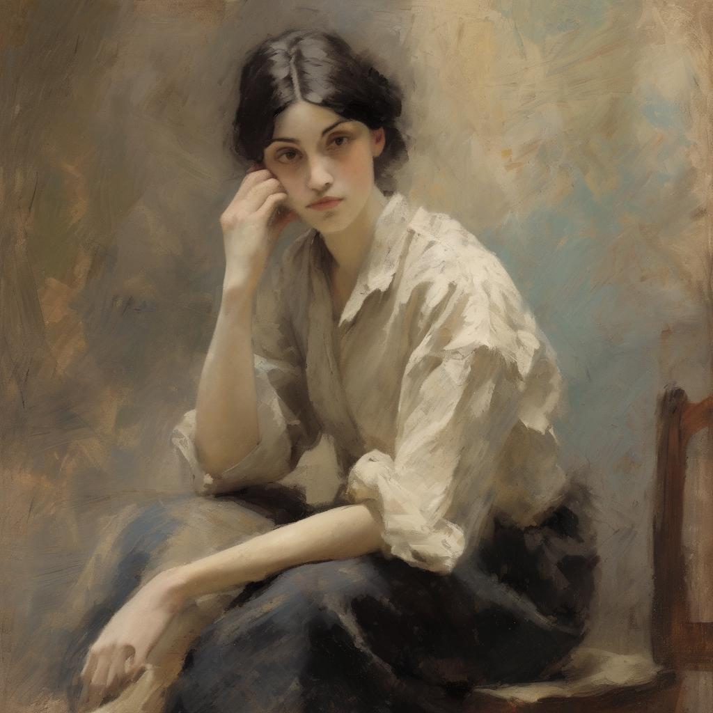 Εικόνα μιας νεαρής γυναίκας σε πορτρέτο, ζωγραφισμένη με ρεαλιστικό στυλ, που εκφράζει την τέχνη ως ερμηνεία της ανθρώπινης εμπειρίας, με λεπτομέρειες στα πρόσωπο και ρούχα, σε ζεστούς τόνους.