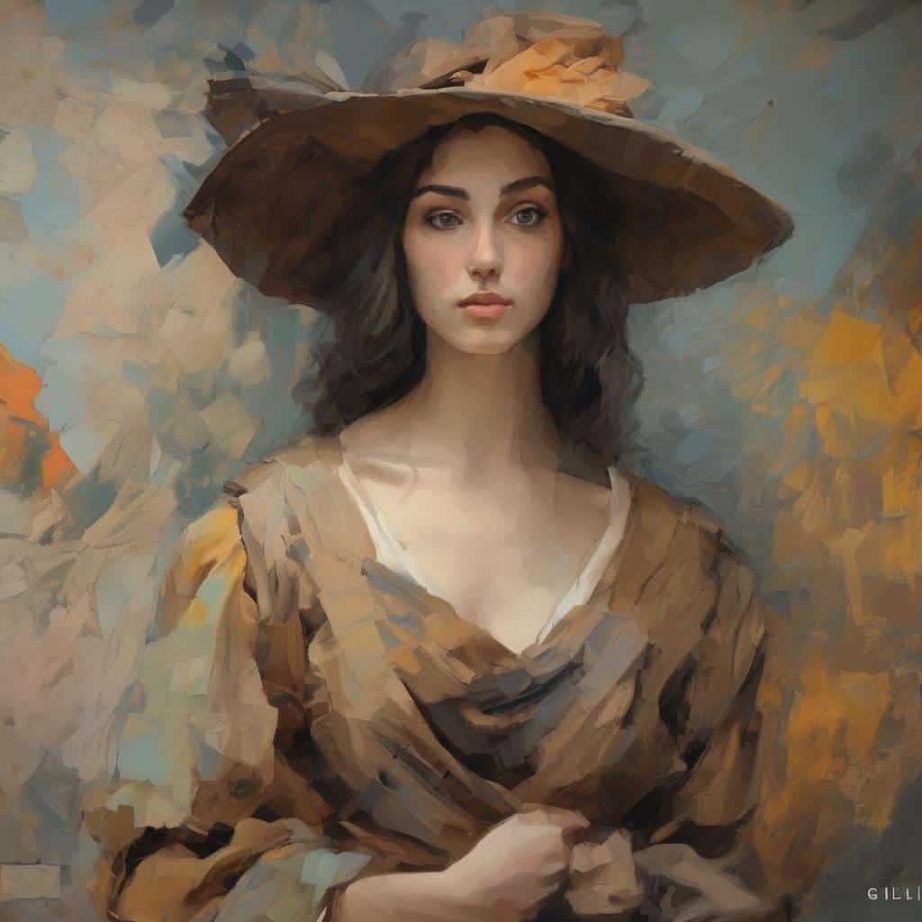 Οπτική ερμηνεία της τέχνης, πορτρέτο γυναίκας με καπέλο, ζωγραφική σε ρεαλιστικό στυλ, εκφραστικότητα και εμπειρίες ζωής, εικαστικά έργα, καλλιτεχνική δημιουργία, εμπειρίες μέσω τέχνης.