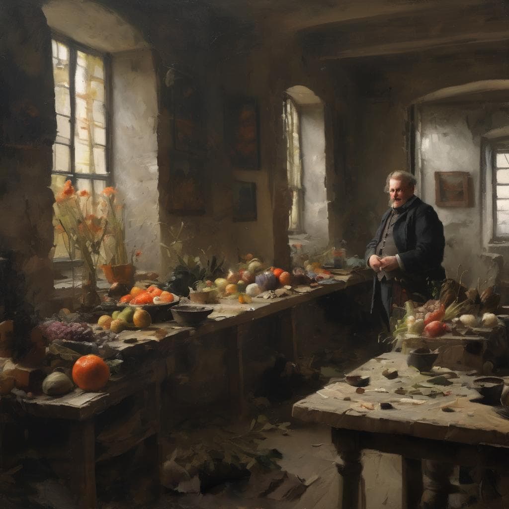 Φωτογραφία του καλλιτέχνη σε εγκόσμια στούντιο με λαχανικά και φρούτα, που αντικατοπτρίζει την τέχνη ως ερμηνεία της ανθρώπινης εμπειρίας και δημιουργικότητας, με φυσικό φωτισμό από τα παράθυρα.
