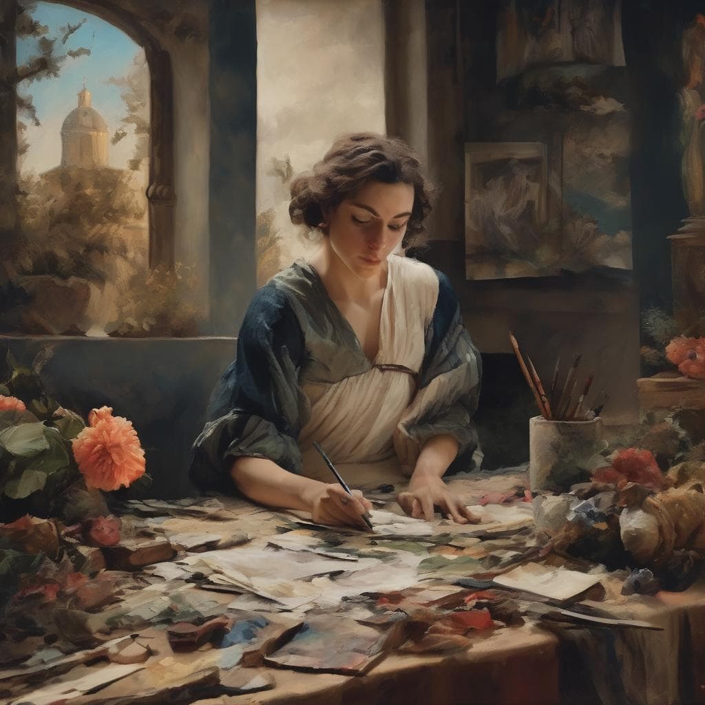 Πορτρέτο γυναίκας καλλιτέχνη που δημιουργεί πίνακες σε στούντιο με φυσικό φωτισμό και παραδοσιακό περιβάλλον, εκφράζοντας την τέχνη ως ερμηνεία της εμπειρίας.