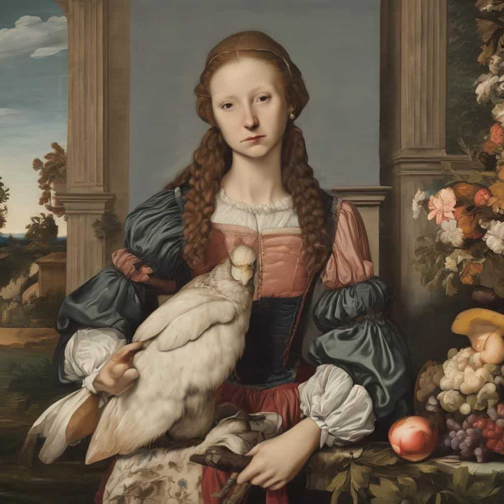 Λεπτομερής πίνακας με νεαρή κοπέλα και πάπια, ζωγραφική τέχνη, ρεαλιστική απεικόνιση, εικαστικές ερμηνείες, πολιτιστική κληρονομιά, παραδοσιακή τέχνη, ιστορικό έργο, εμπειρία στην τέχνη προσανατολισμένη σε πολιτιστικά ανεκτίμητα.