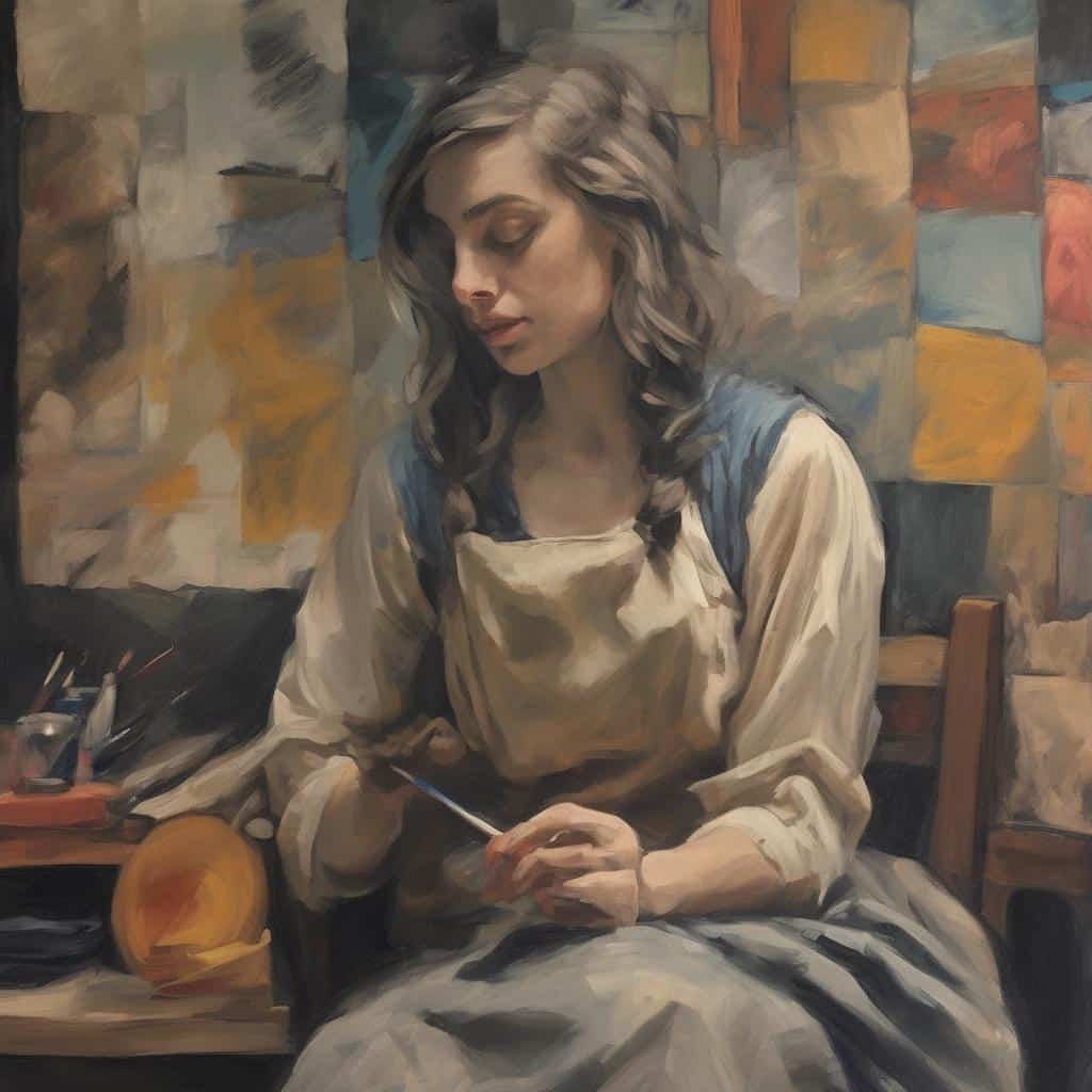 Ανθρώπινη γυναίκα ζωγραφισμένη με ρεαλιστικό ύφος, καθισμένη και κρατώντας πινέλο, στοπ περιβάλλον με καμβάδες και καλλιτεχνικά εργαλεία, εκφράζοντας την τέχνη και τη δημιουργικότητα.