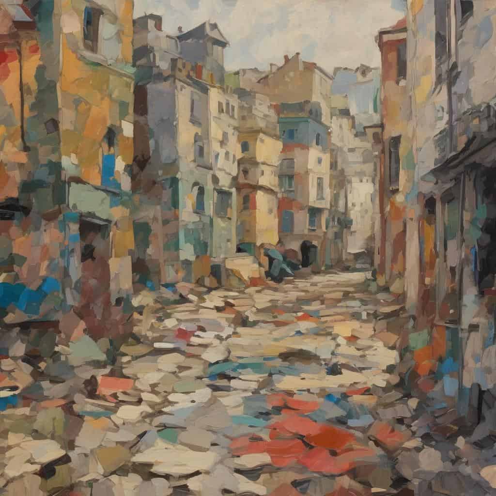Φωτογραφία με καλλιτεχνικό ύφος καταγεγραμμένης γειτονιάς σε στυλ ζωγραφικής, αναδεικνύοντας την τέχνη ως ερμηνεία της ανθρώπινης εμπειρίας και την ομορφιά της αστικής ζωής.