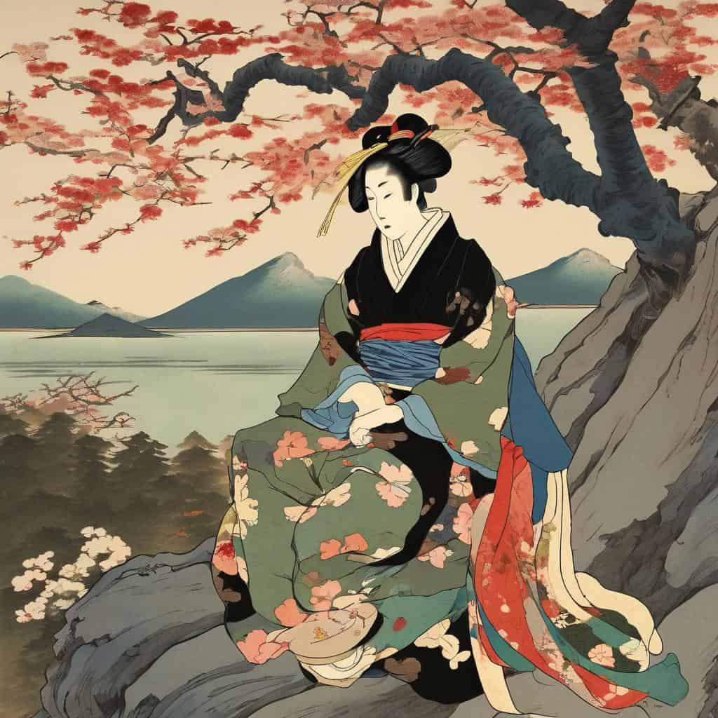 Λέιμινγκ, χιόνι και η γυναίκα σε μια παραδοσιακή ιαπωνική τέχνη, με φόντο τοπίο με βουνά και ανθισμένες κερασιές, εκφράζοντας την τέχνη ως ερμηνεία της εμπειρίας.