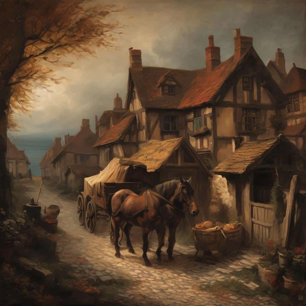Ζωγραφική με σκηνή παλιάς αγγλικής επαρχίας με άμαξες και παραδοσιακά σπίτια, ενισχυμένη με ατμόσφαιρα και έντονη αίσθηση ιστορίας και τέχνης.
